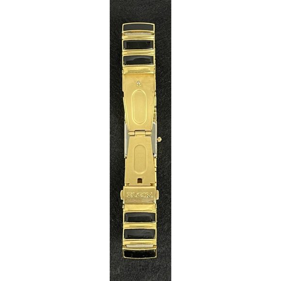 Elgin Vintage Rhinestone Bezel Band Gold Black Tone Watch New Battery 7.5\